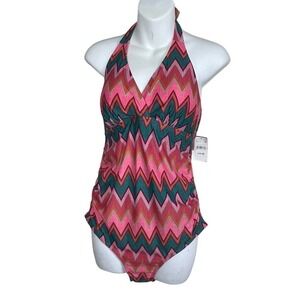 NWT Beach Bump Motherhood Maternity One Piece Chevron Colorful Size M Retro